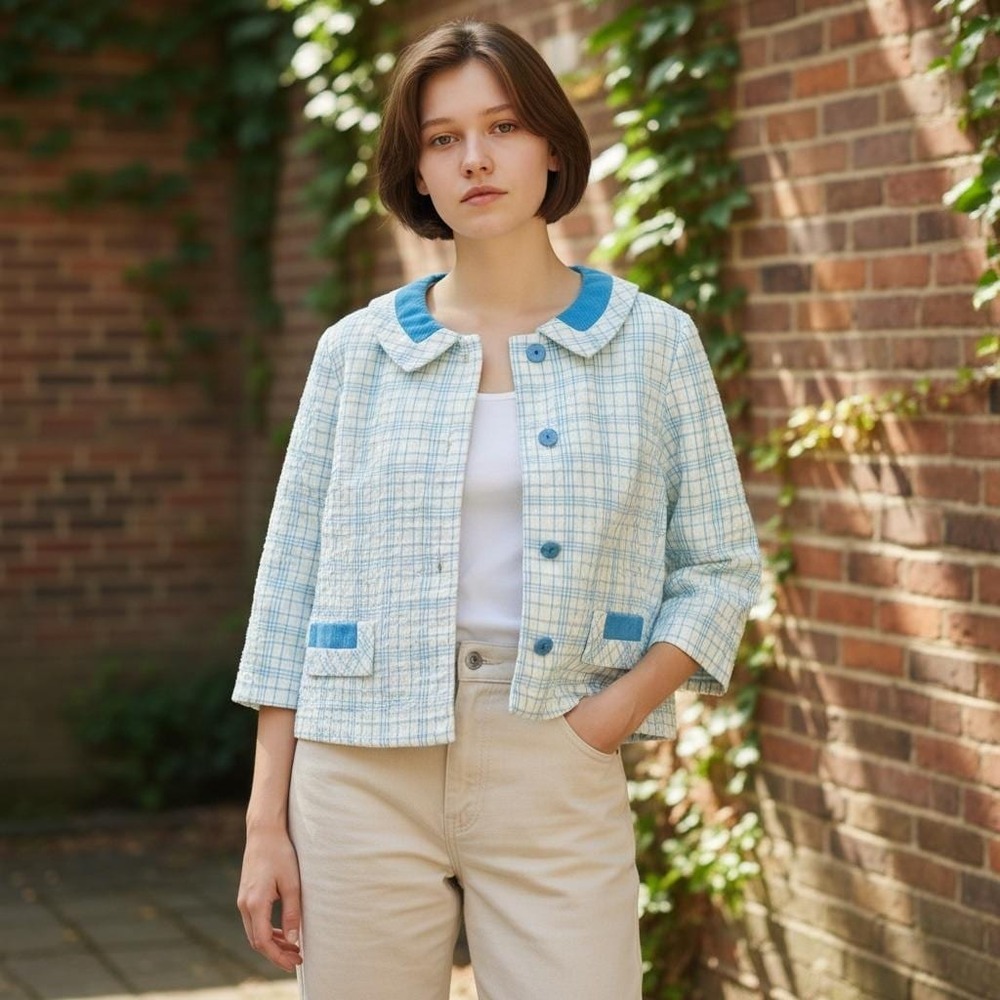 Puritan Forever Young Jacket Girls XL Petite Women S Blue Plaid 60s Vintage